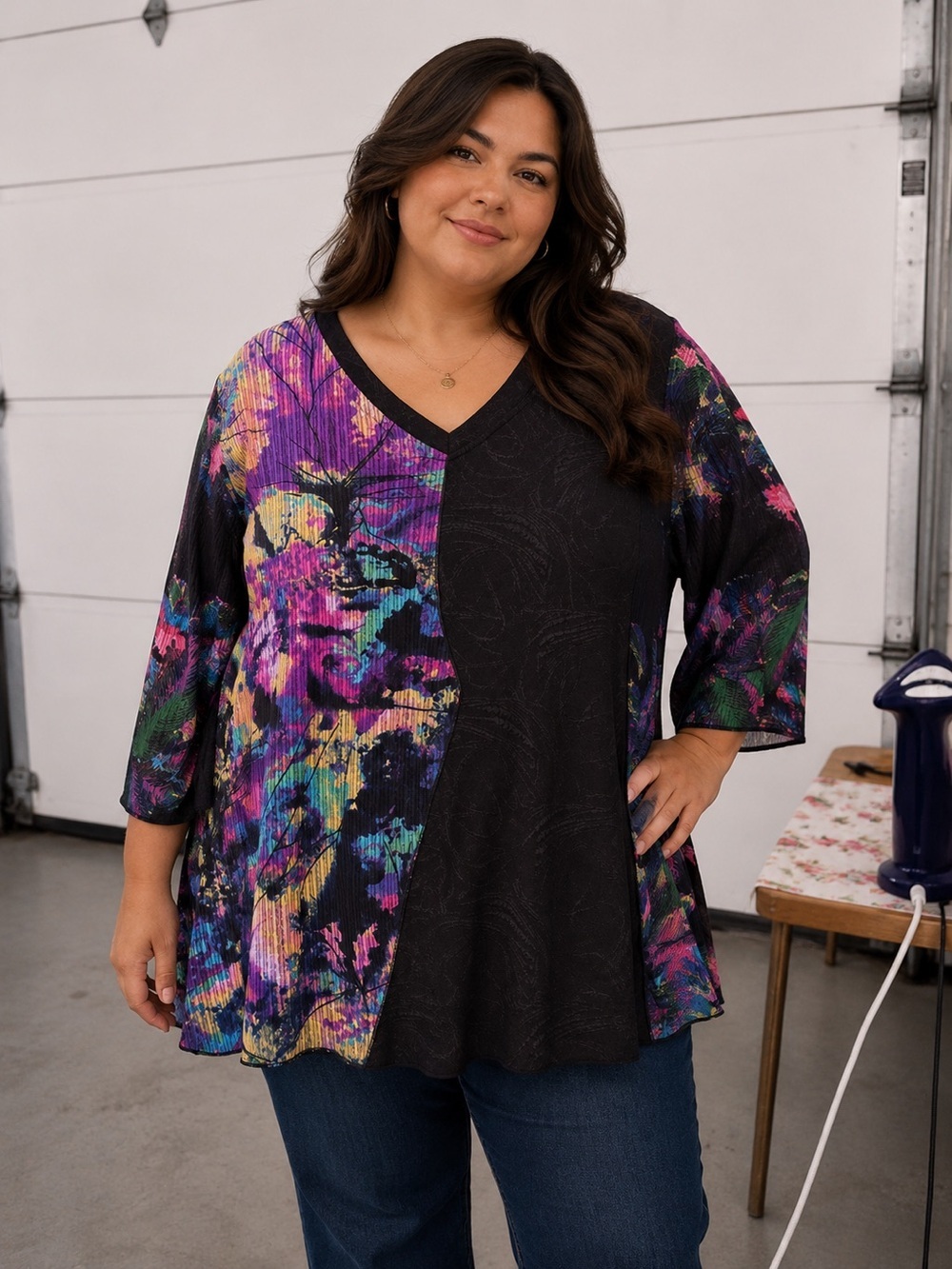 Multicolor Floral V-Neck Tunic - Black & Purple